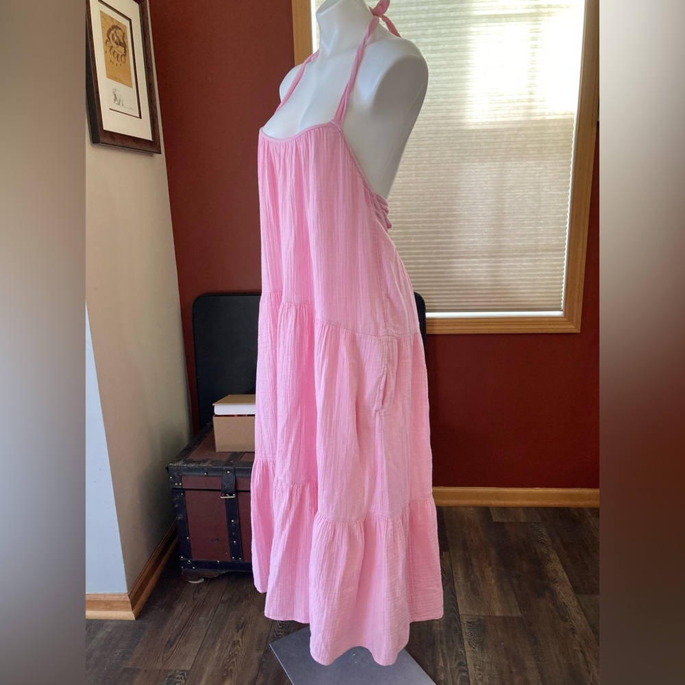 🐬 XiRena light Pink Brush Cotton Gauze Halter Midi Dress